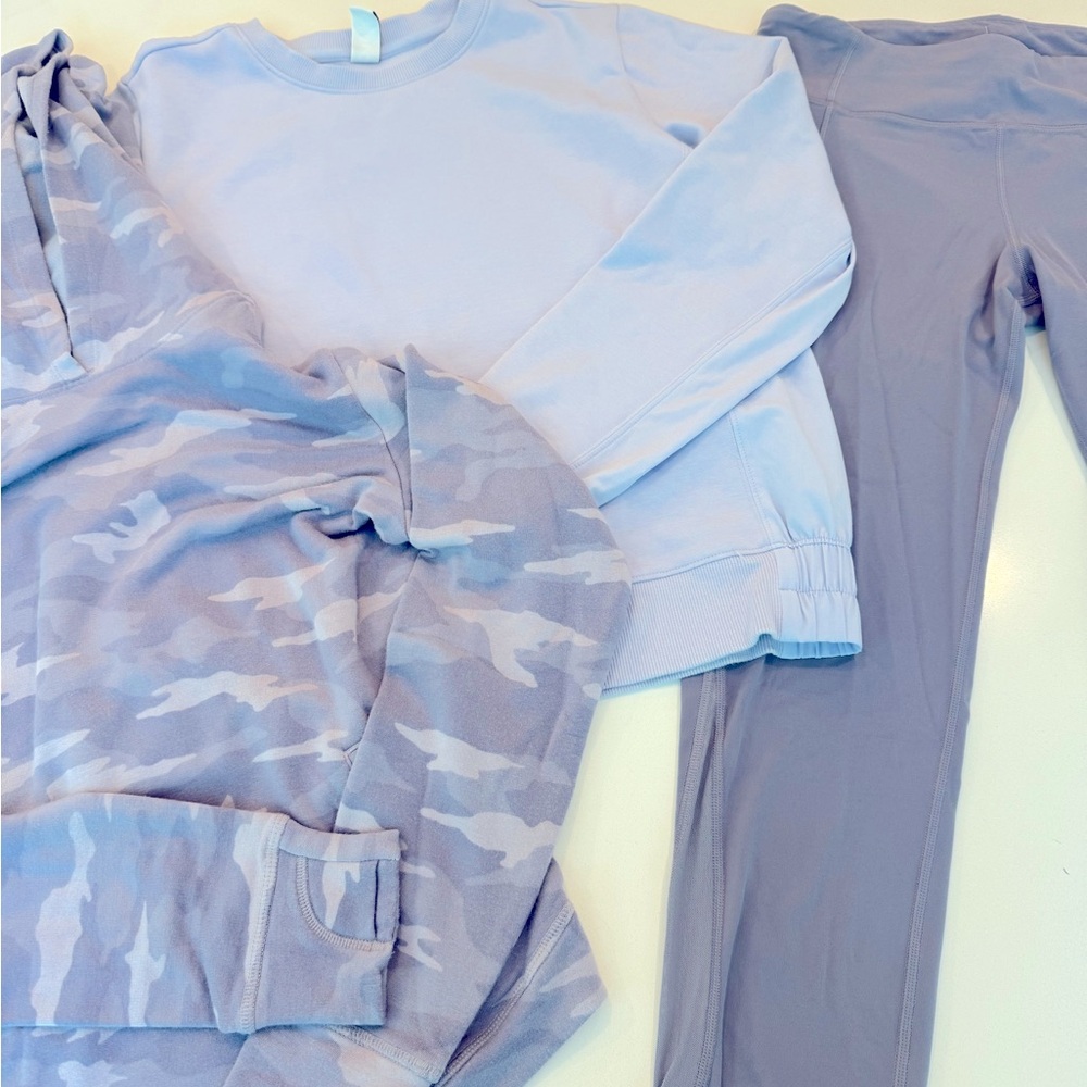 Athleta Bundle Girls - Purple Leggings XXL, crew neck XL, purple Camo hoodie XL